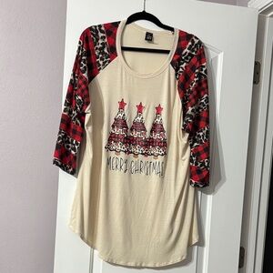 Merry Christmas Long Sleeve Top with Plaid and Leopard Sleeves